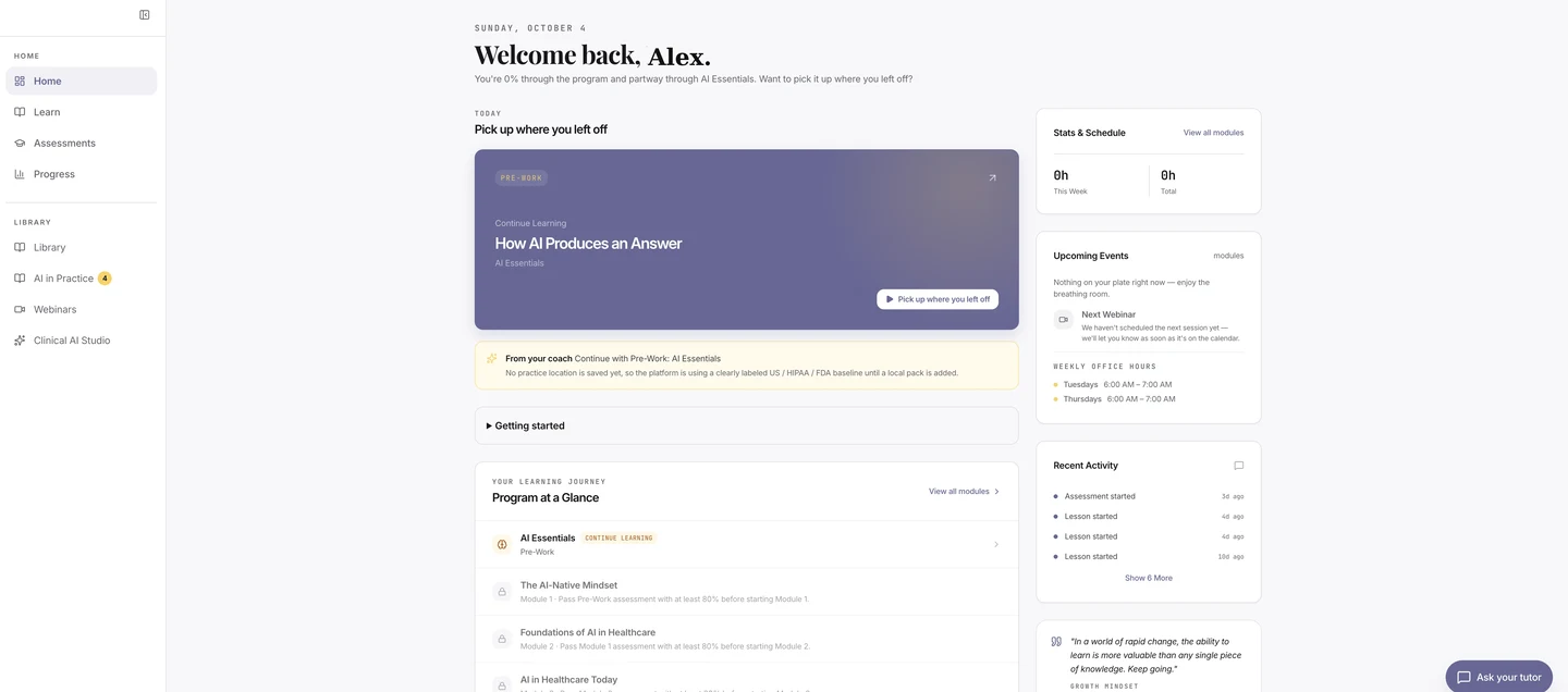 GCLS Academy learner home, real product capture